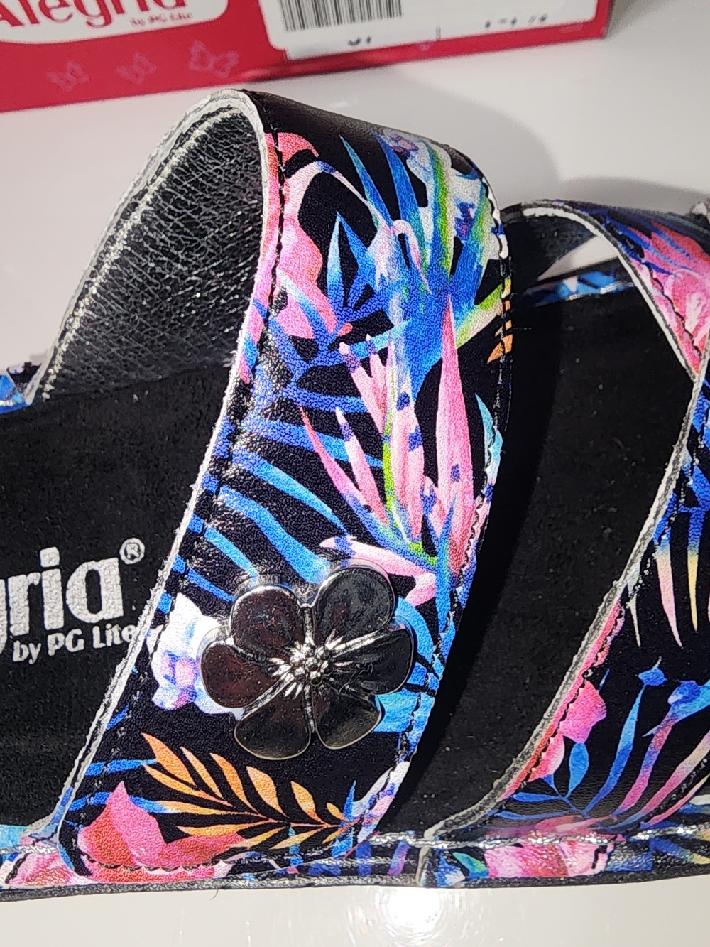 Alegria Tropical Floral Slide Sandals in Black, Pink, Blue Size 7 Comfort - Picture 12 of 12